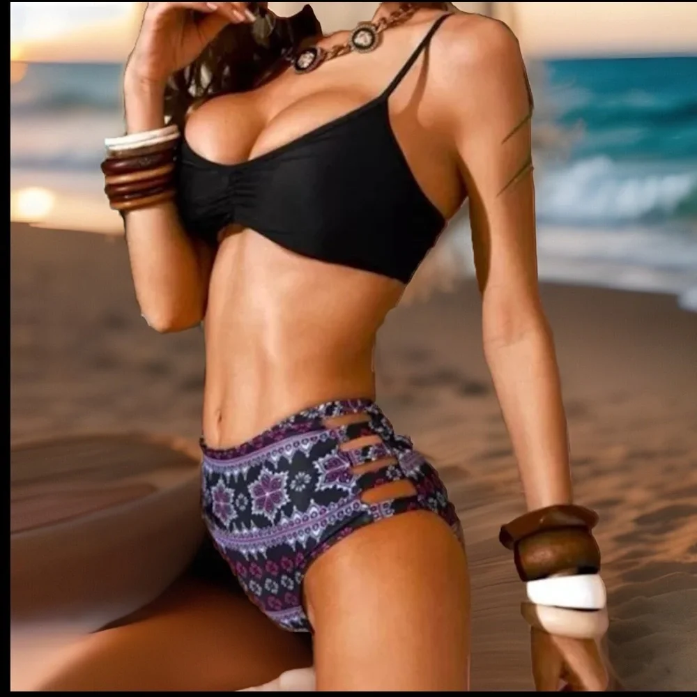 Tribal High Waist Bikini 2Pc W/Pads lining Bottoms 4 Cuts On Sides Of Bikini Set